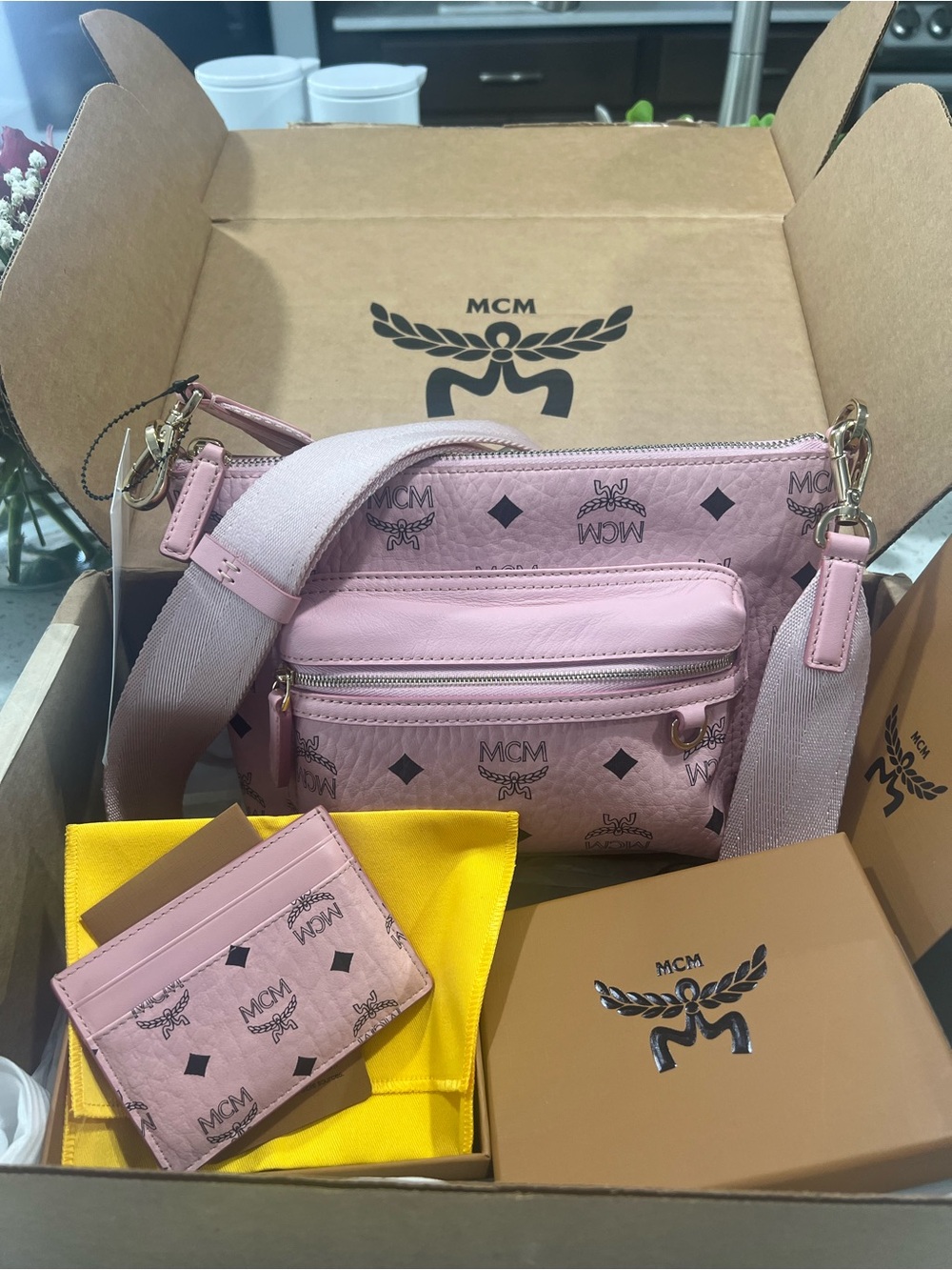MCM Pink Logo Print Crossbody with Card Holder and Web Strap